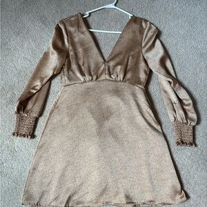 H&M Tan A-Line Dress with Bishop Sleeves and V-Neck